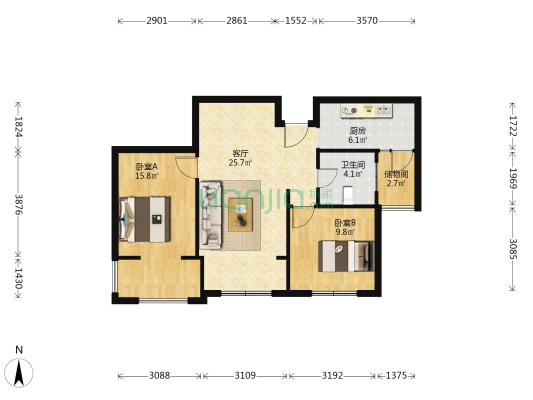 双涛苑 2室1厅1卫 87平方