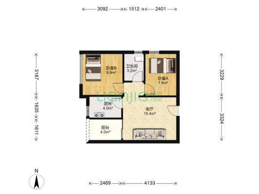 恒福上筑 2室1厅1卫 57平方