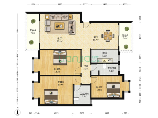 半岛别墅 3室2厅2卫 135平方