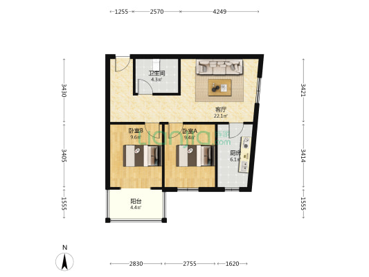 华阳路东南向两居，采光好，55万-户型图