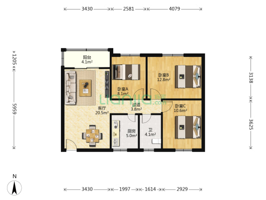 上林苑 3室1厅1卫 85平方