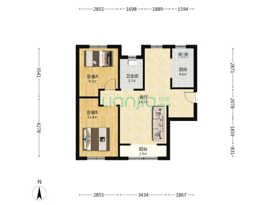 泓瑞园 2室1厅1卫 93平方