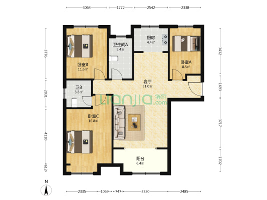 南岗嘉苑 3室1厅2卫 124平方