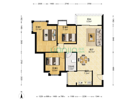 花千树五期 3室2厅1卫 88平方