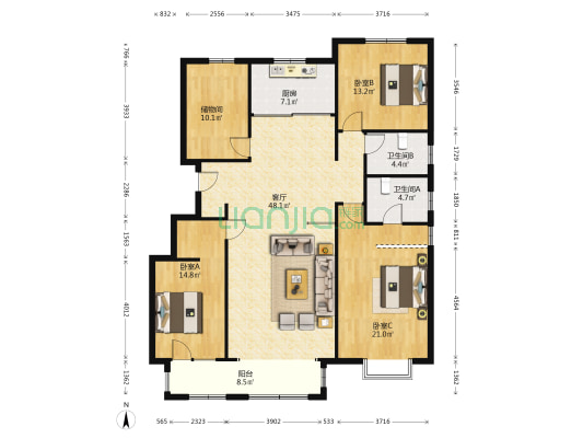 万科金域缇香 3室1厅2卫 168平方