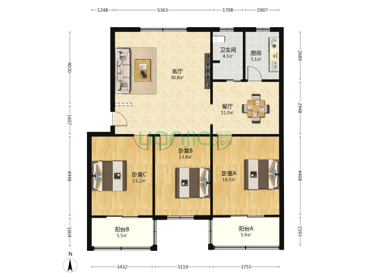 残联小区 3室2厅1卫 131平方