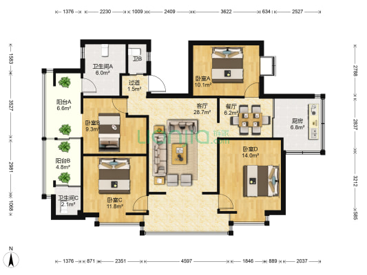 塘双路215号 4室2厅3卫 96平方