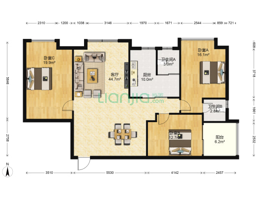 嘉源广场 3室1厅2卫 143平方