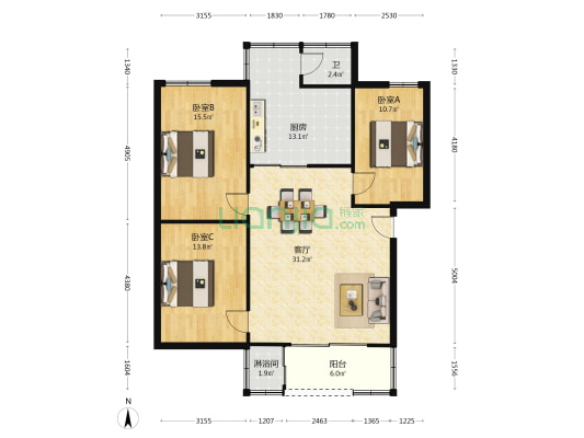 华侨新村 3室1厅2卫 113平方