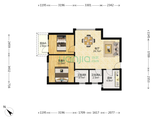 广裕中心商贸大楼 2室1厅2卫 82平方