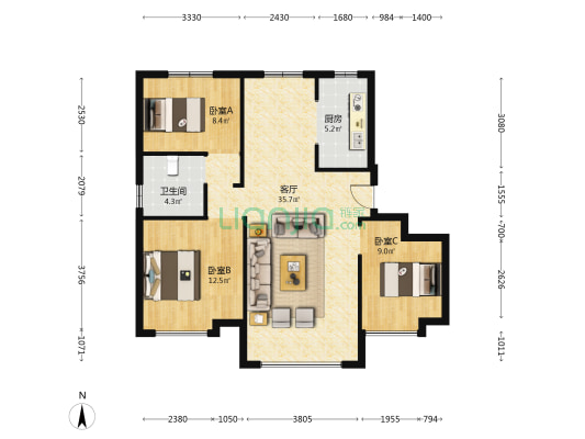 翡翠华府 3室1厅1卫 105平方