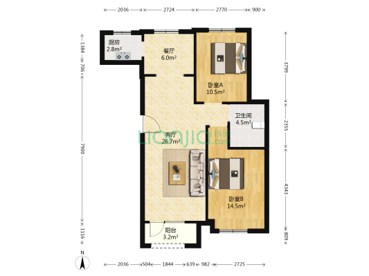 万棵树 2室2厅1卫 88平方