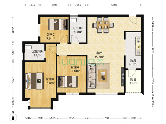 领地花屿 3室1厅2卫 89平方
