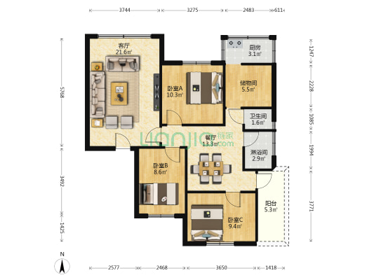 紫荆园 3室2厅2卫 86平方