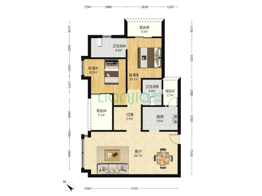 雍城壹号广场 2室1厅2卫 97平方