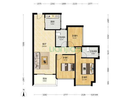 铂玥明珠ONE 3室1厅2卫 92平方