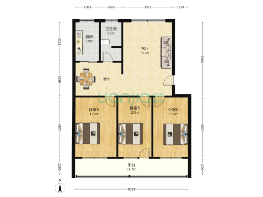 万福花园 3室1厅1卫 119平方