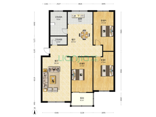 富康苑 3室2厅2卫 155平方