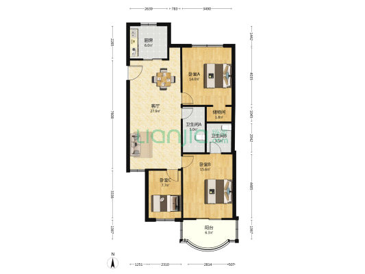 德锦苑 3室1厅2卫 106平方