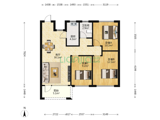 荣盛锦绣观邸二期 3室1厅1卫 103平方