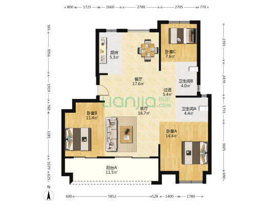 天澜湾花苑 3室2厅2卫 118平方