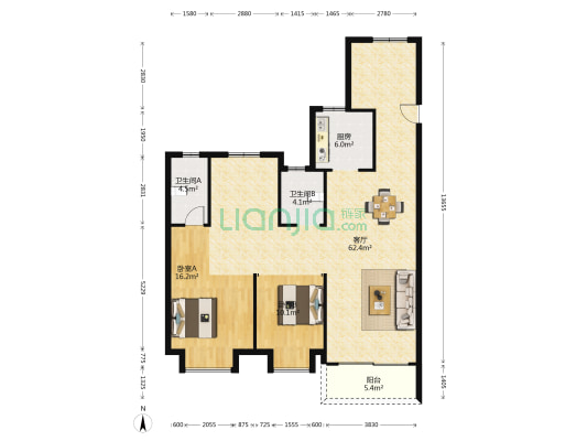 朗诗未来街区 2室1厅2卫 143平方