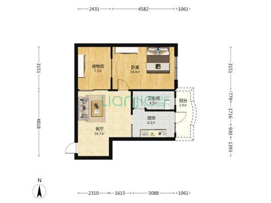 明珠花园 1室1厅1卫 61平方