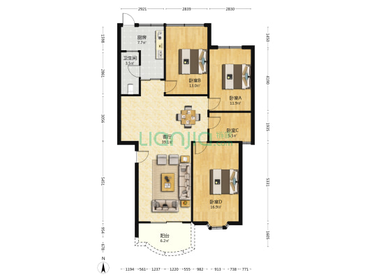 空军惠州机场宿舍楼 4室1厅1卫 114平方