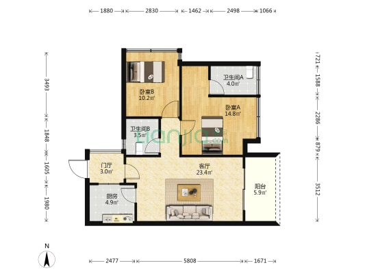 香木林望江兰庭 2室1厅2卫 86平方