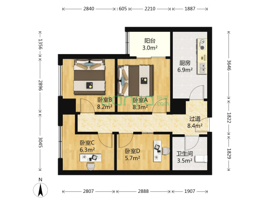 盛龙广场3号地 4室0厅1卫 74平方