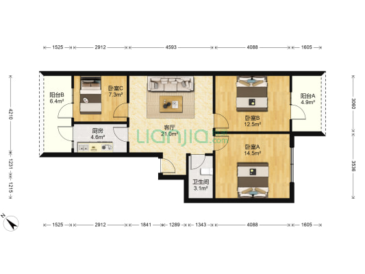 红牌楼北街16号院 3室1厅1卫 92平方