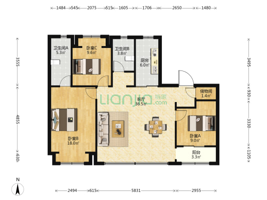 鹿鸣华苑 3室1厅2卫 123平方
