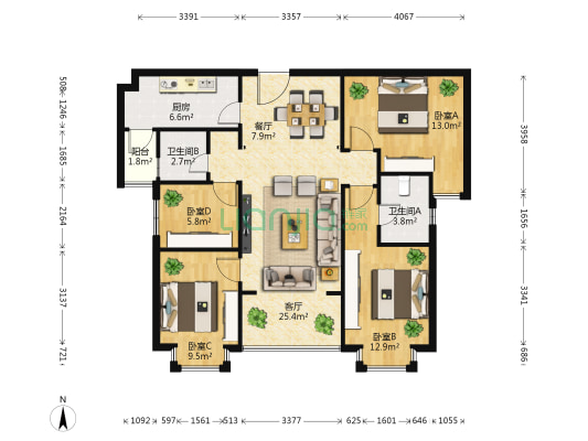 中昆医大广场 4室2厅2卫 117平方