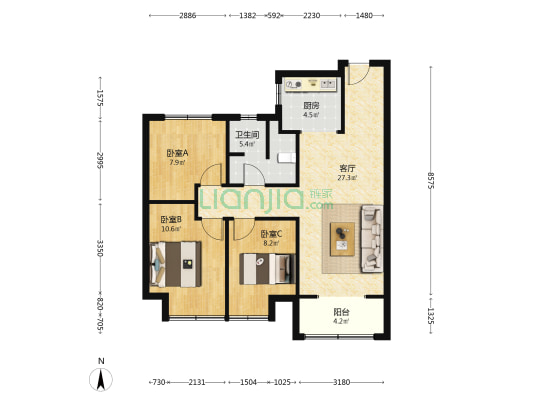 中铁诺德生态城 3室1厅1卫 97平方
