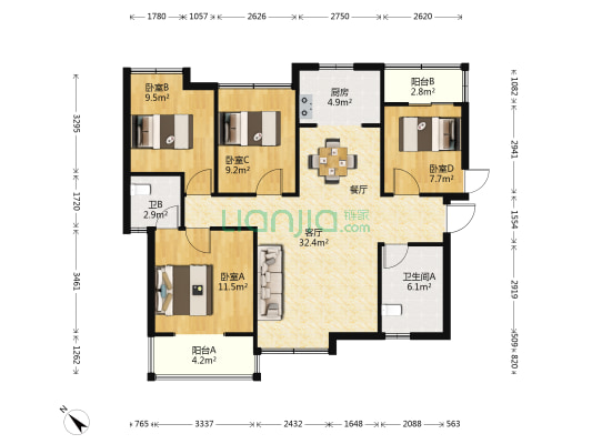 尚城新界 4室1厅2卫 108平方