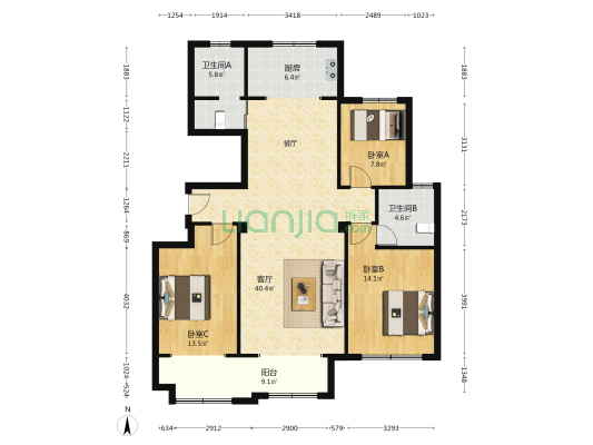 中和南院 3室1厅2卫 128平方