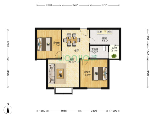 城市印象 2室1厅1卫 90平方