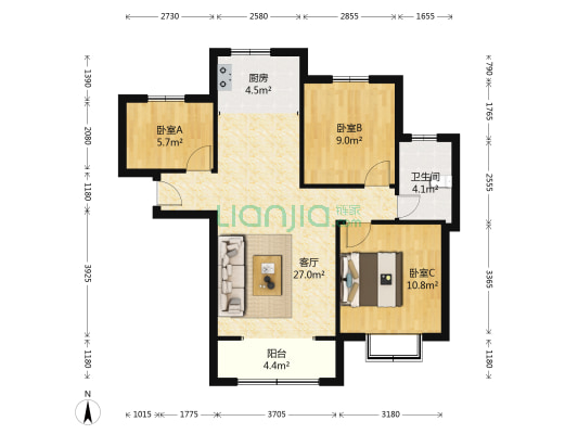 香邑溪谷 3室1厅 南 北-户型图