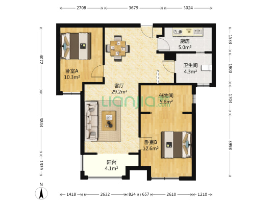 远洋朗院 2室1厅1卫 85平方