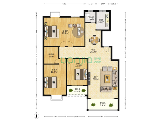 丽景新贵 3室2厅1卫 163平方