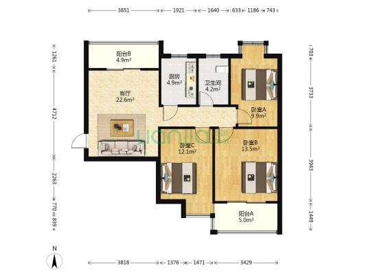 管社山家园 3室1厅1卫 90平方