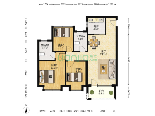 奥园翰林名苑 3室1厅2卫 105平方