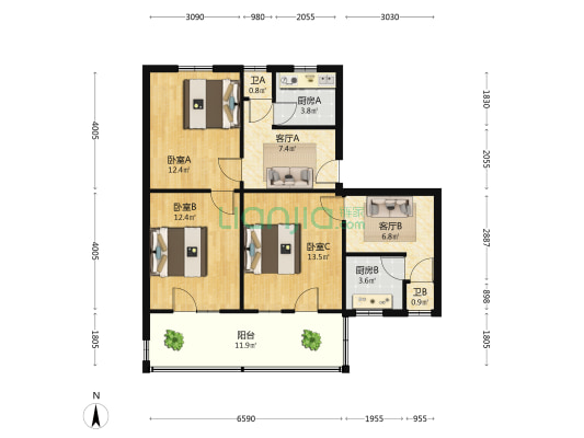 开啤家属院 3室2厅0卫 84平方