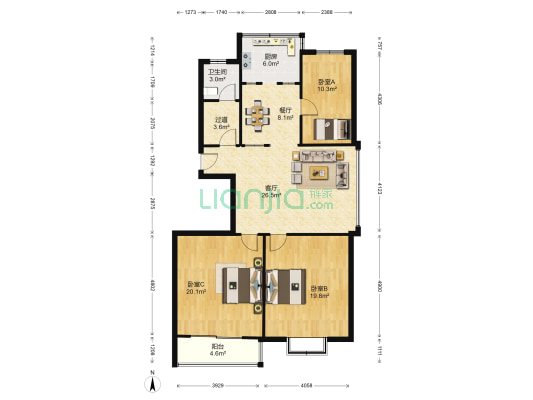 现代名流花苑 3室2厅1卫 128平方