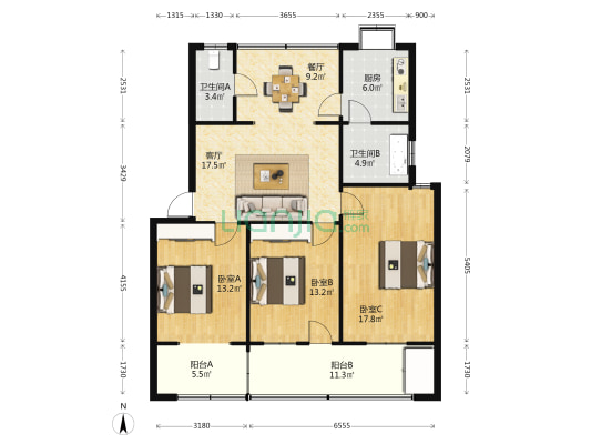 襄阳市人事局家属院 3室2厅2卫 114平方