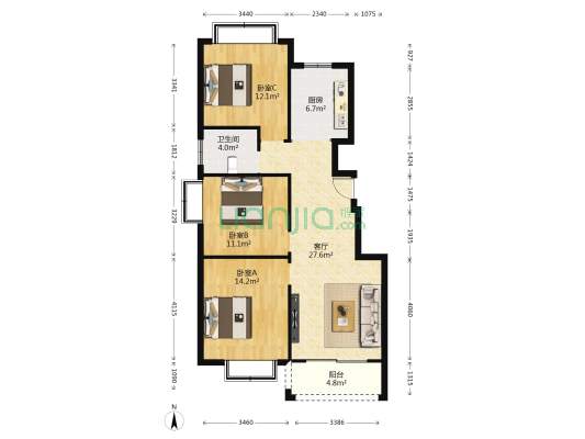 新萌花苑 3室1厅1卫 102平方
