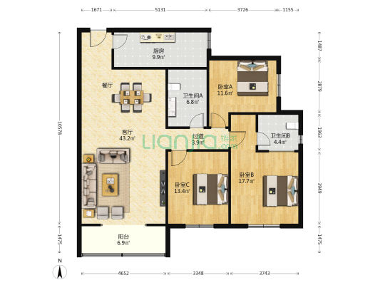 秦川社区22街坊 3室1厅2卫 146平方