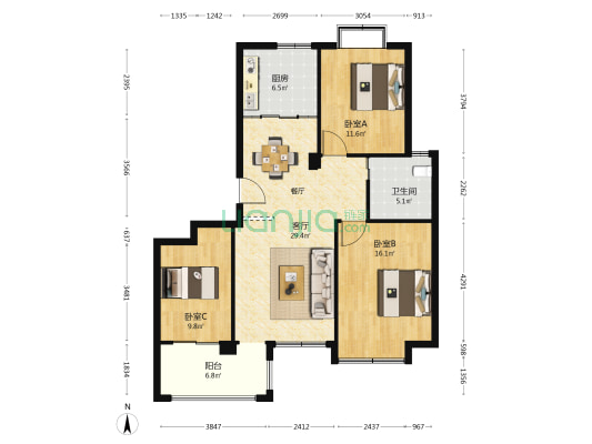 秦汉华府 3室1厅1卫 124平方