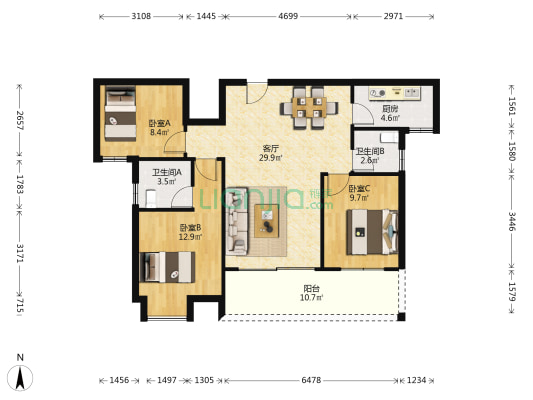 星雅美辰 3室1厅2卫 109平方