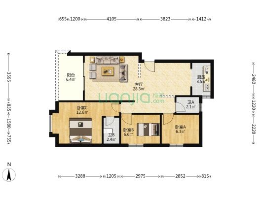 东洲花园 3室1厅2卫 80平方